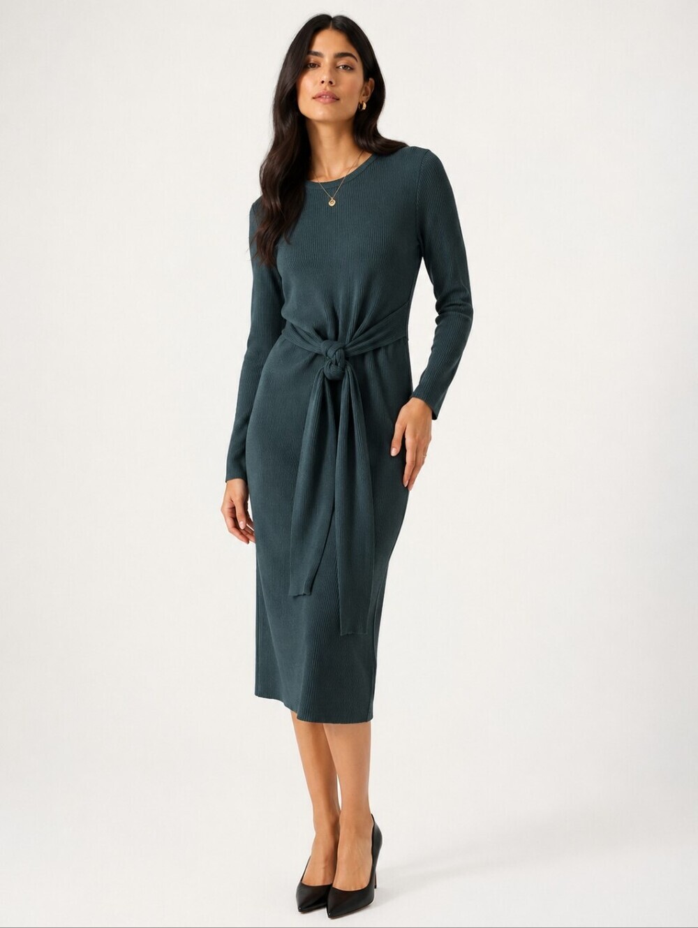 Adelyn Rae Knit Wrap Feminine Midi Women's Green Dress Long Sleeve Size Large